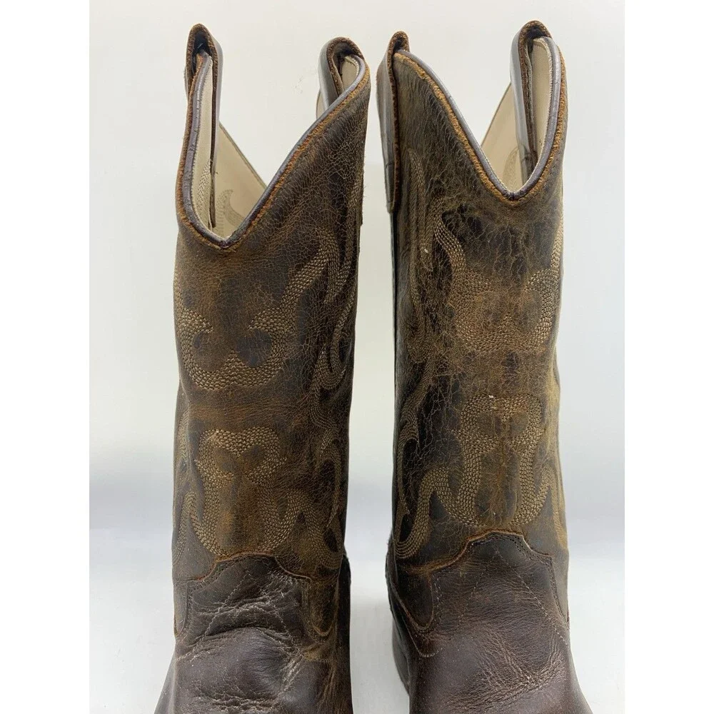 Old West Youth Cowboy Boots Brown Leather Square Toe Size 6.5 D Women’s Sz 8